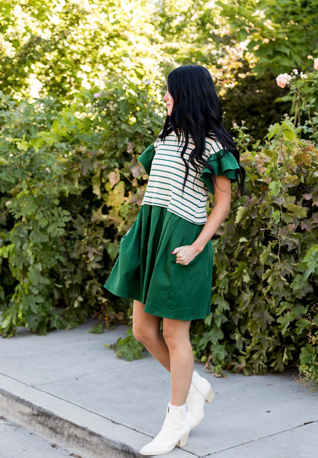 Giselle Striped Ruffle Sleeve Pleated Mini Dress