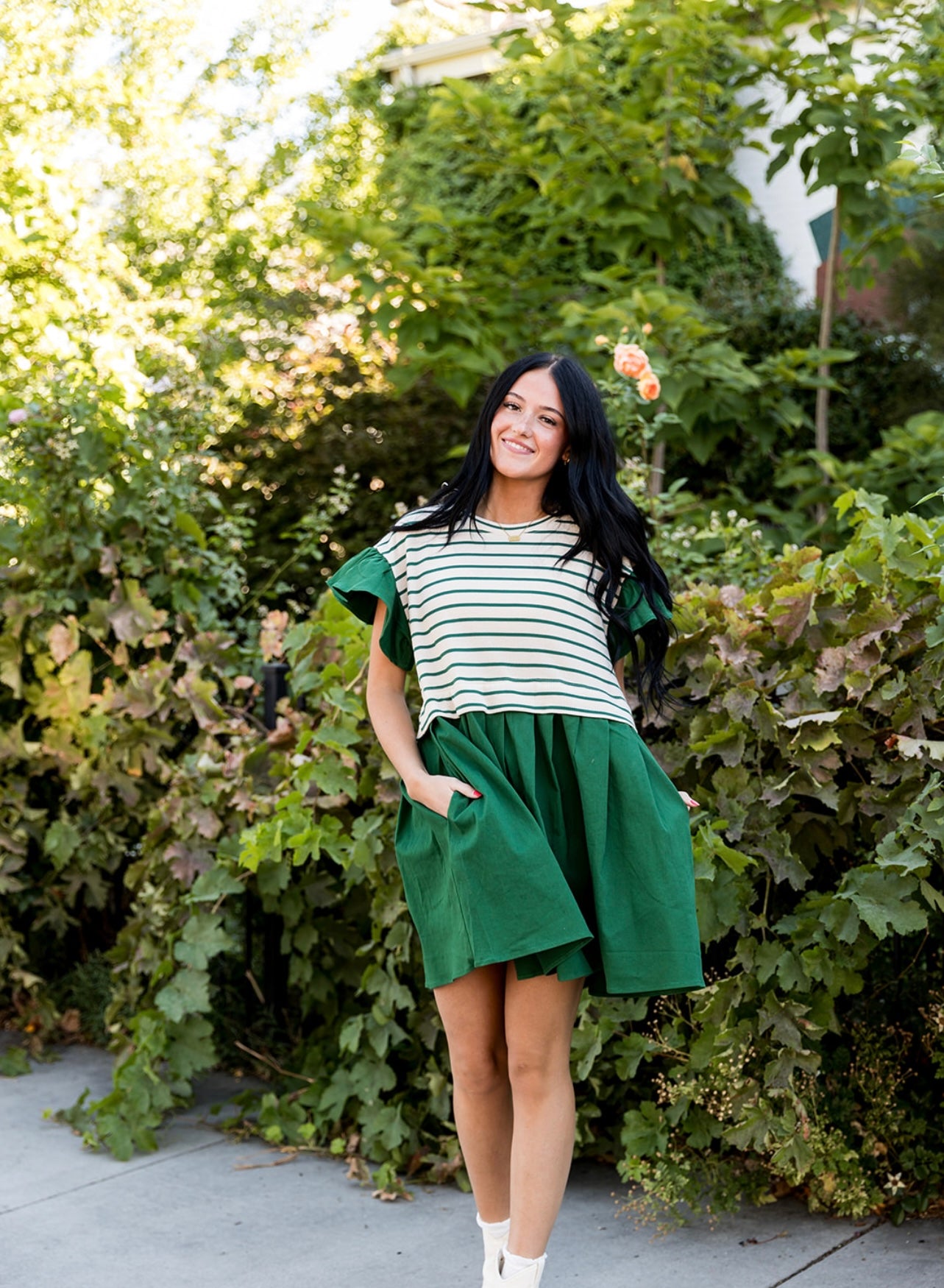 Giselle Striped Ruffle Sleeve Pleated Mini Dress