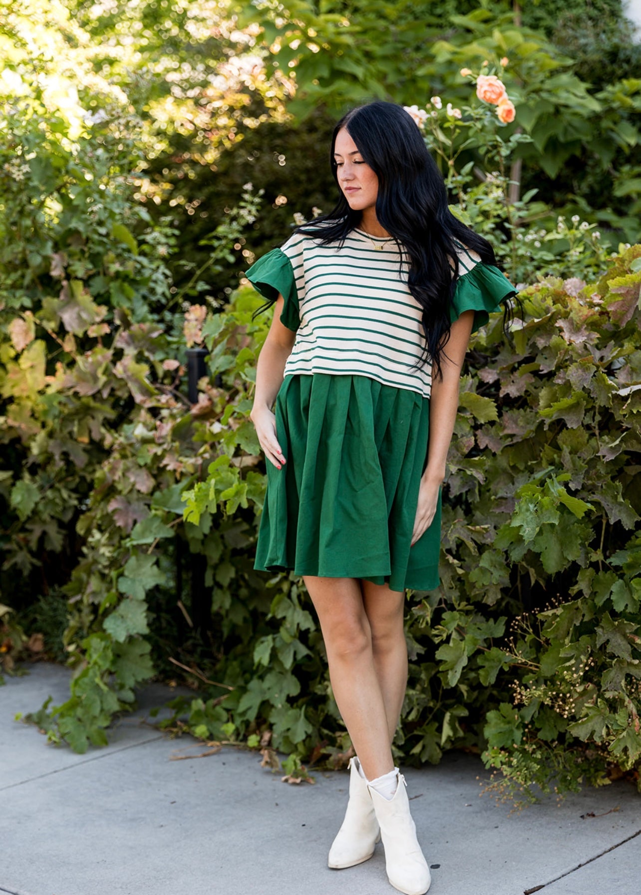 Giselle Striped Ruffle Sleeve Pleated Mini Dress