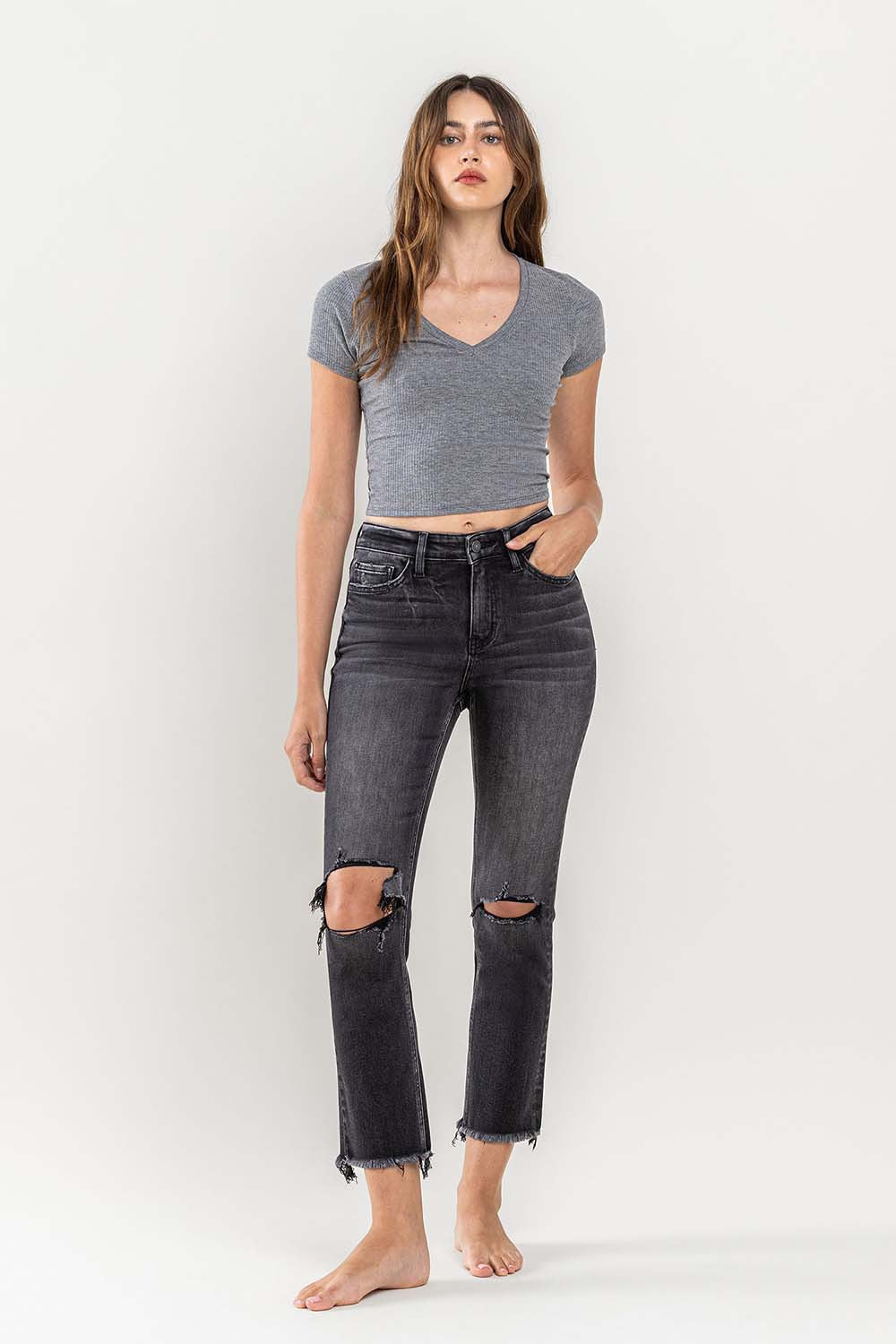 Astir Dream High Rise Distressed Cropped Denim