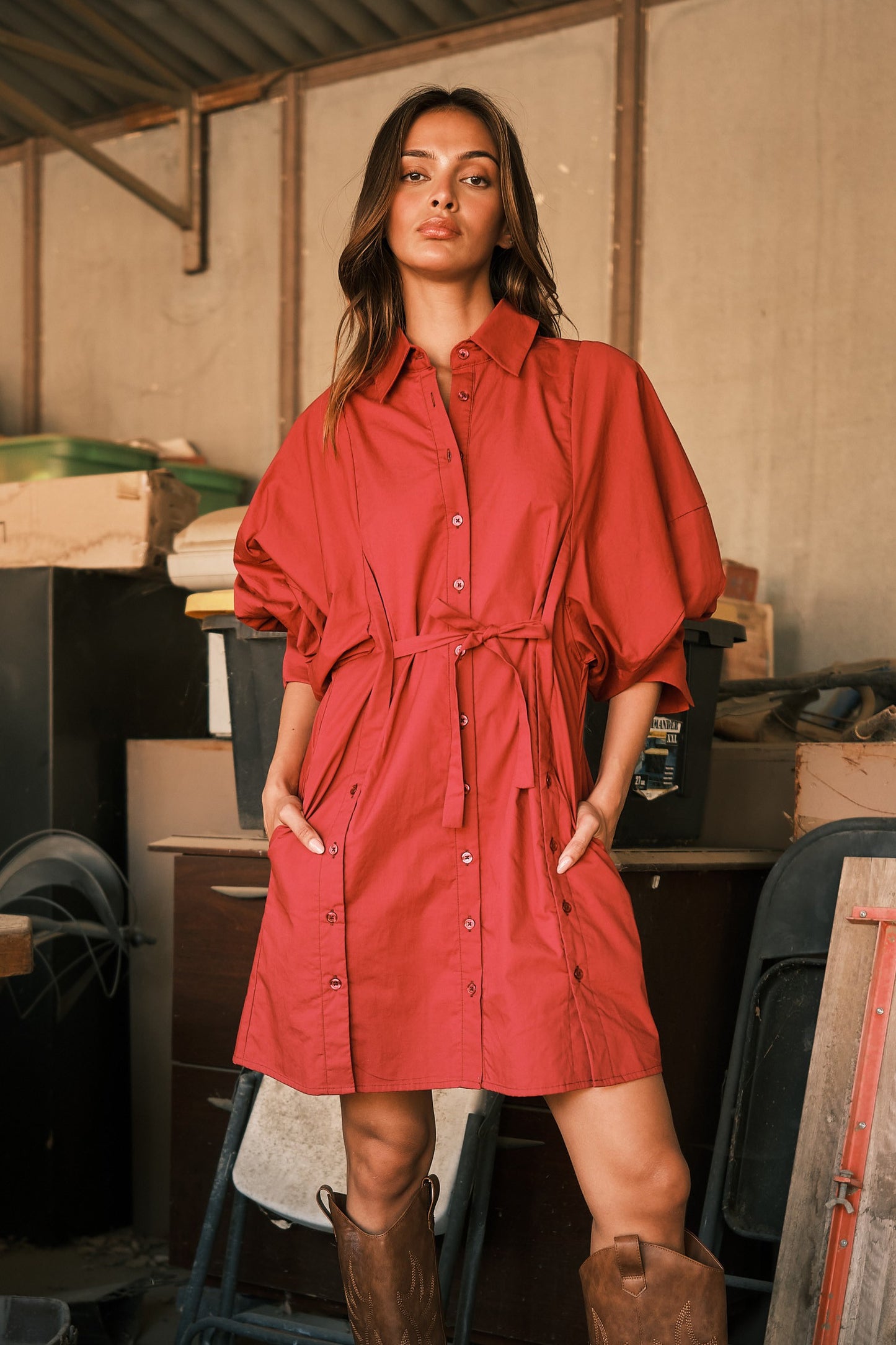 What A Trend Puff Sleeve Shirt Dress