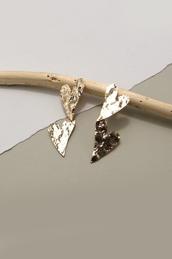 Hammered Double Heart Drop Earrings