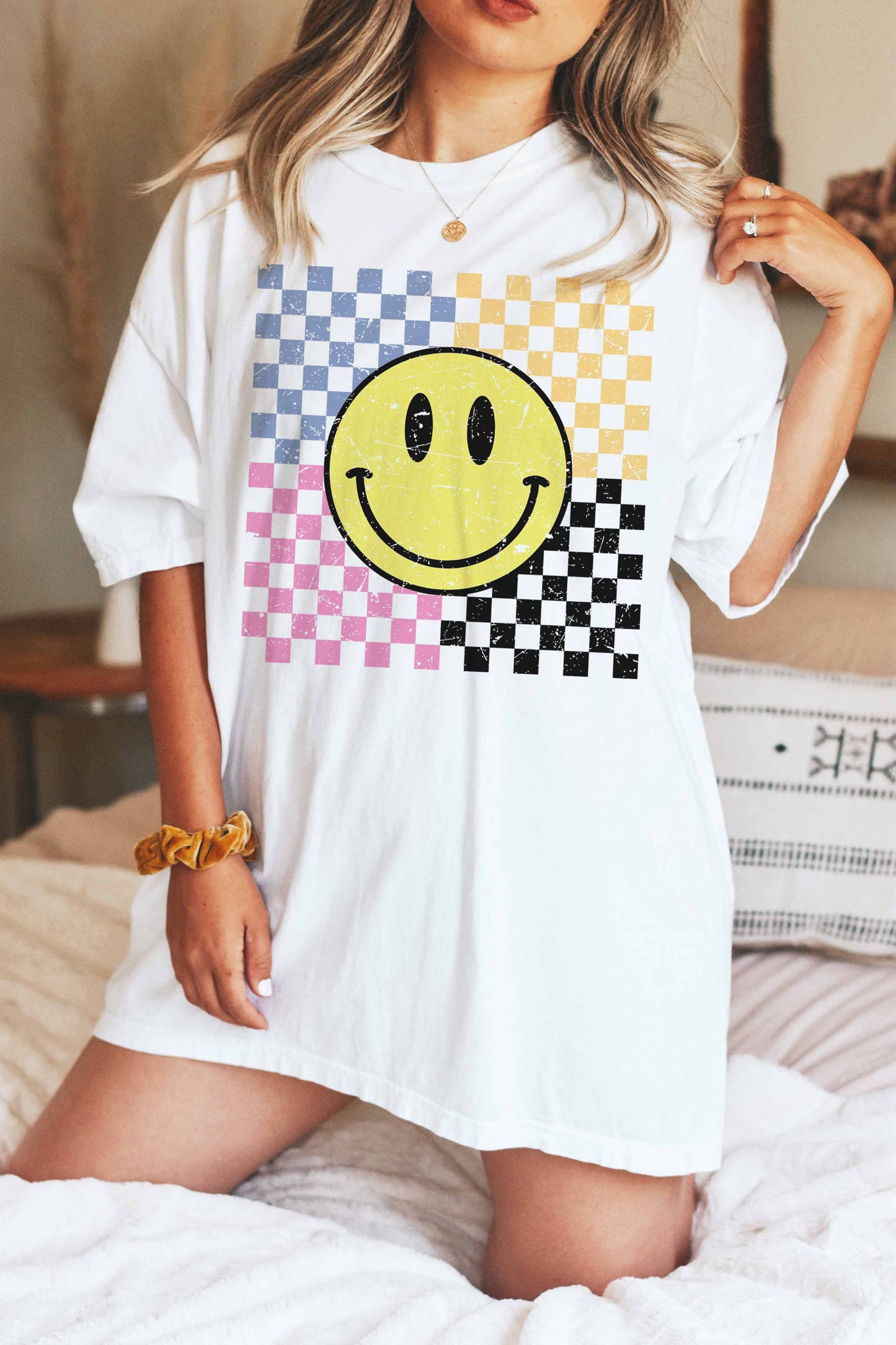 Retro Smiley Checkered Graphic Tee