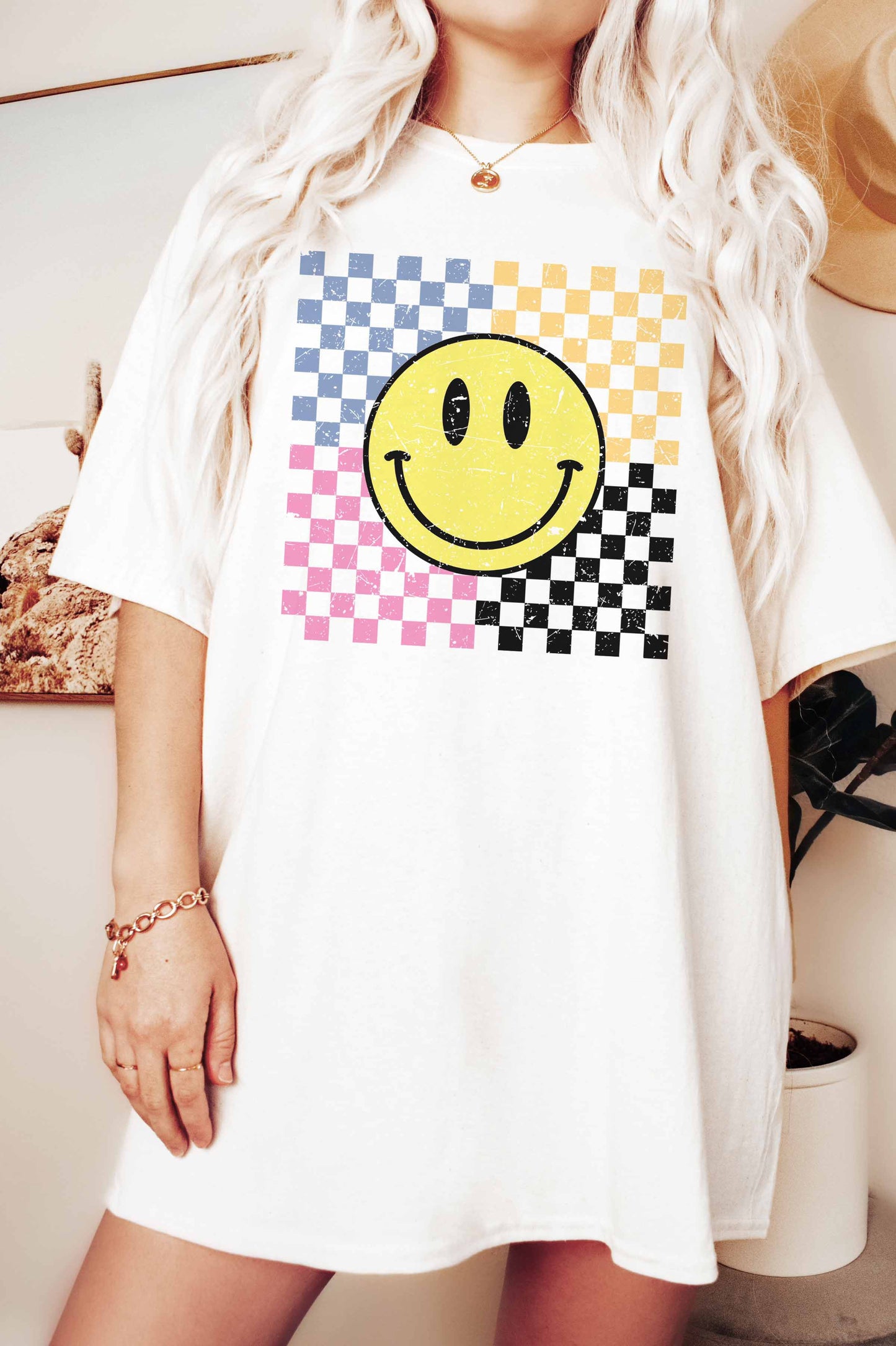 Retro Smiley Checkered Graphic Tee