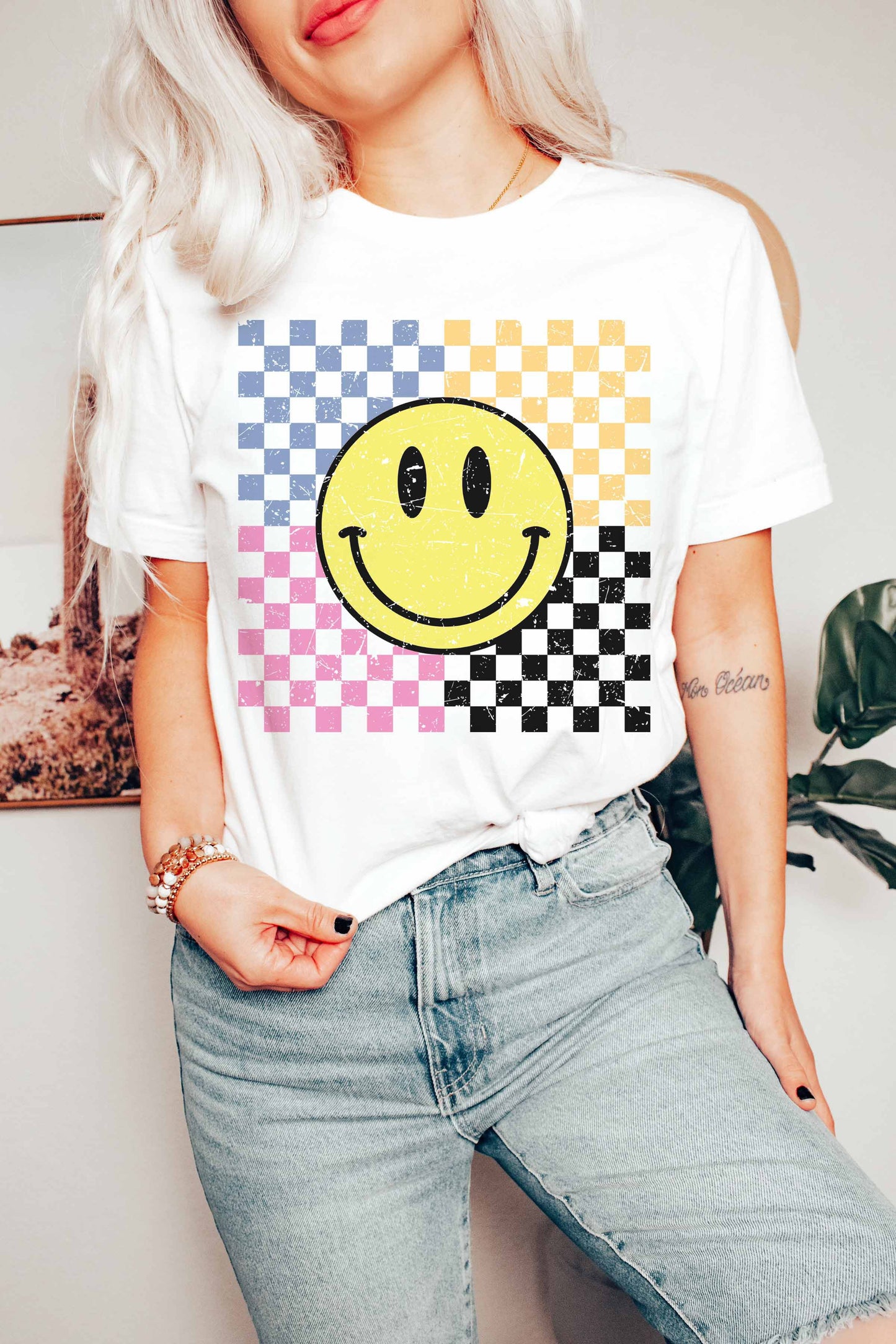 Retro Smiley Checkered Graphic Tee
