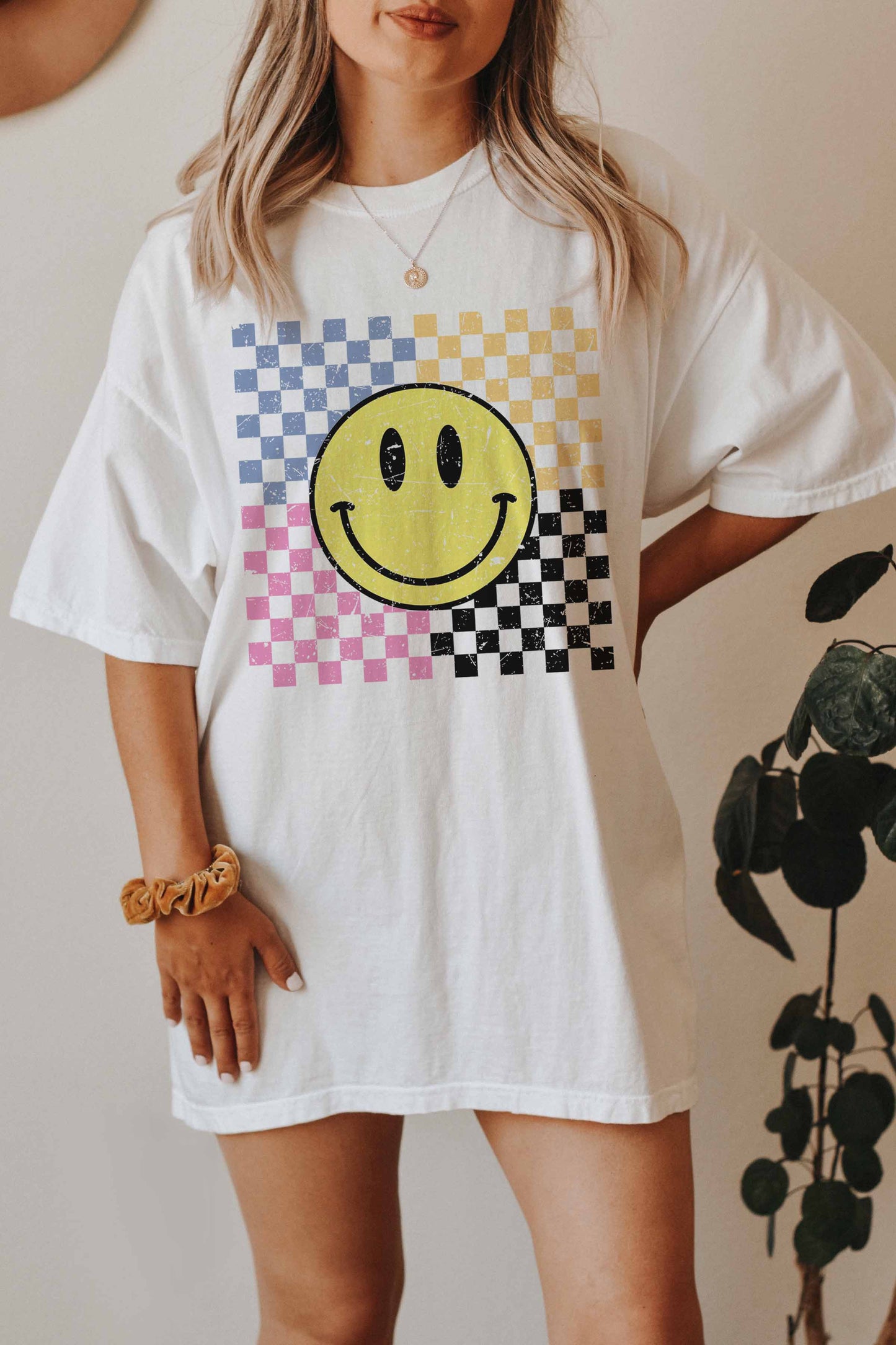 Retro Smiley Checkered Graphic Tee