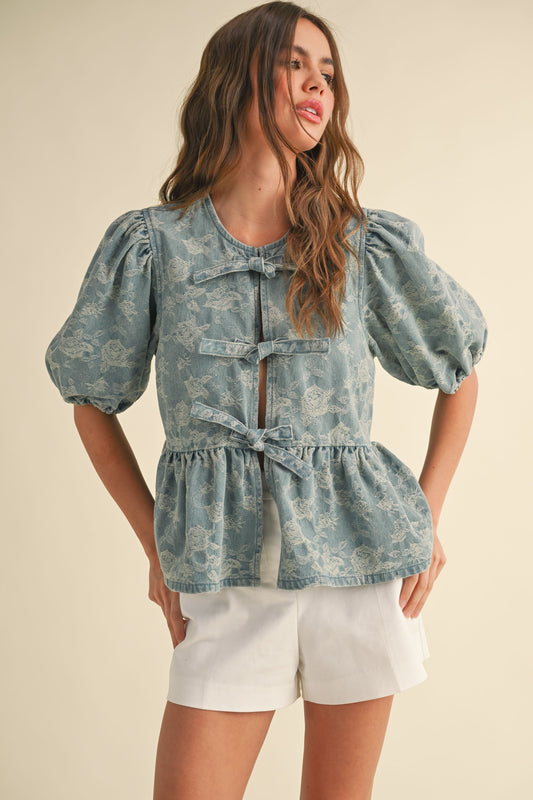 Belle Blue Denim Jacquard Bow Top