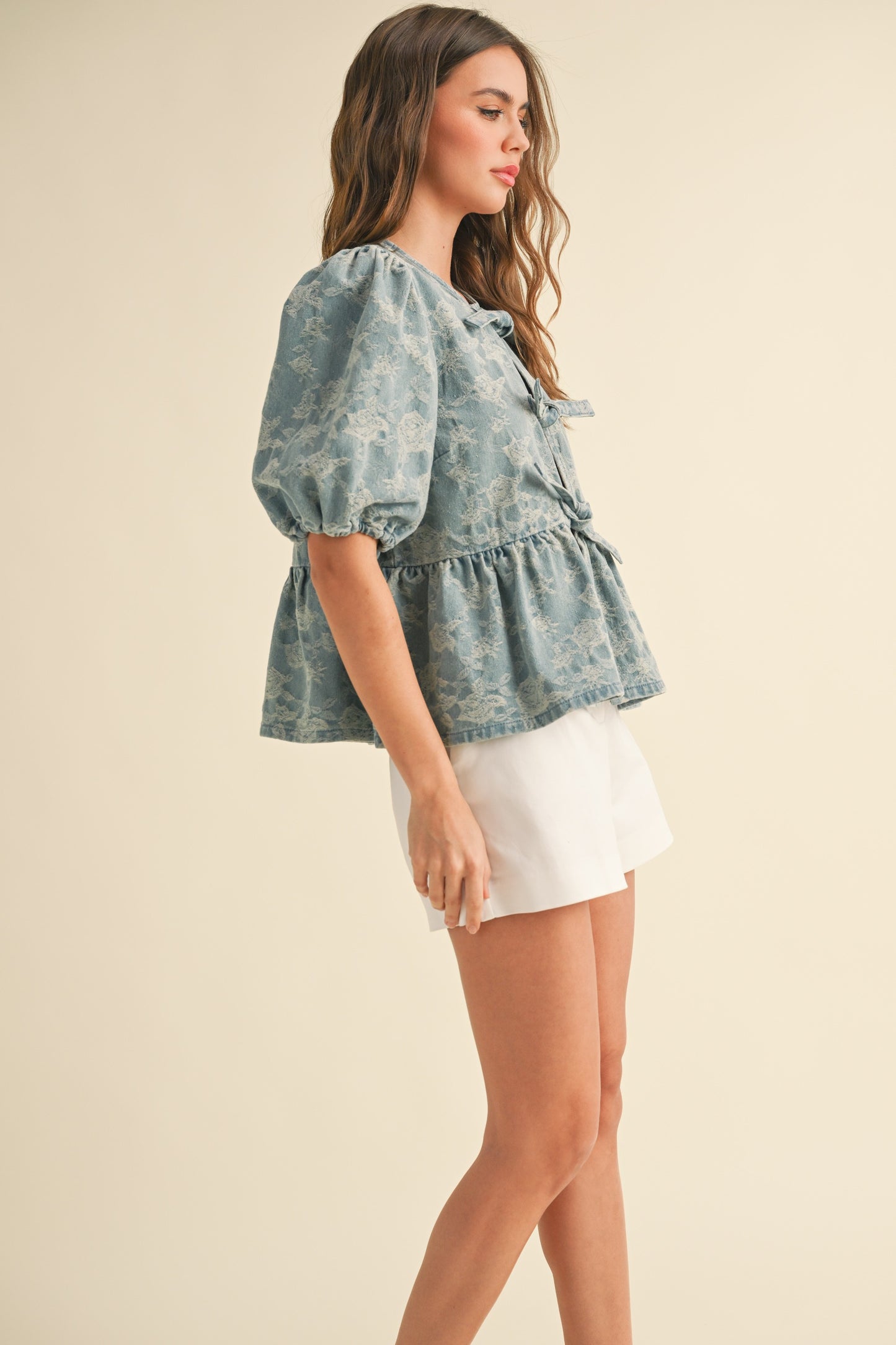 Belle Blue Denim Jacquard Bow Top