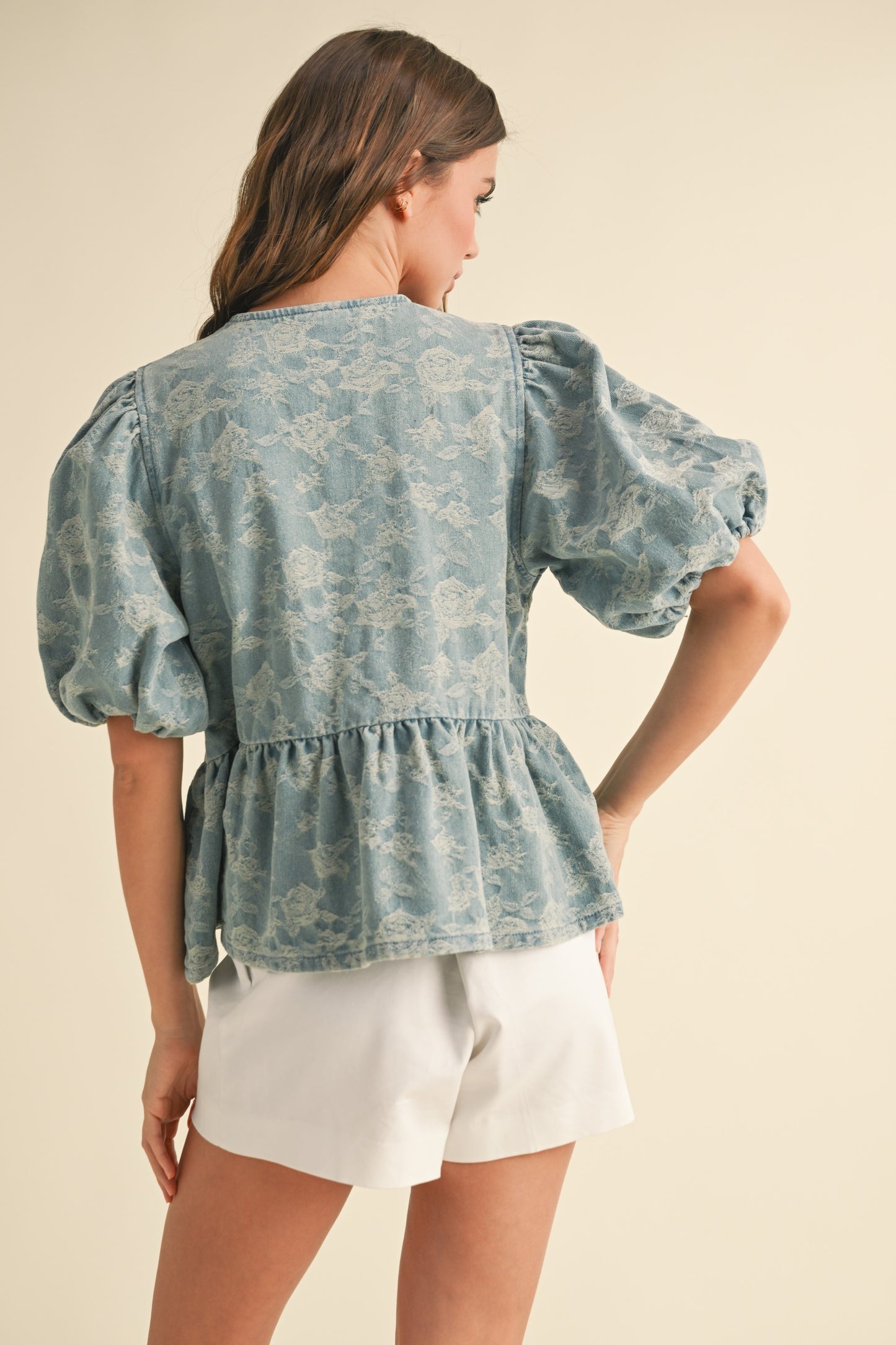 Belle Blue Denim Jacquard Bow Top