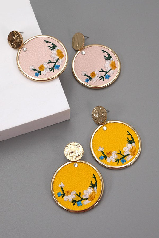 Embroidered Faux Leather Drop Earrings