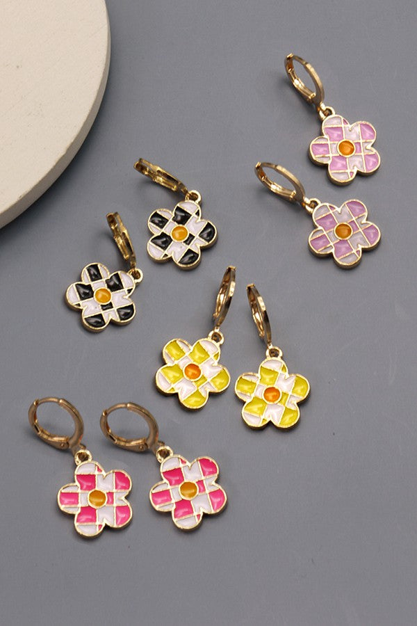 Fun Flower Checkered Drop Earrings