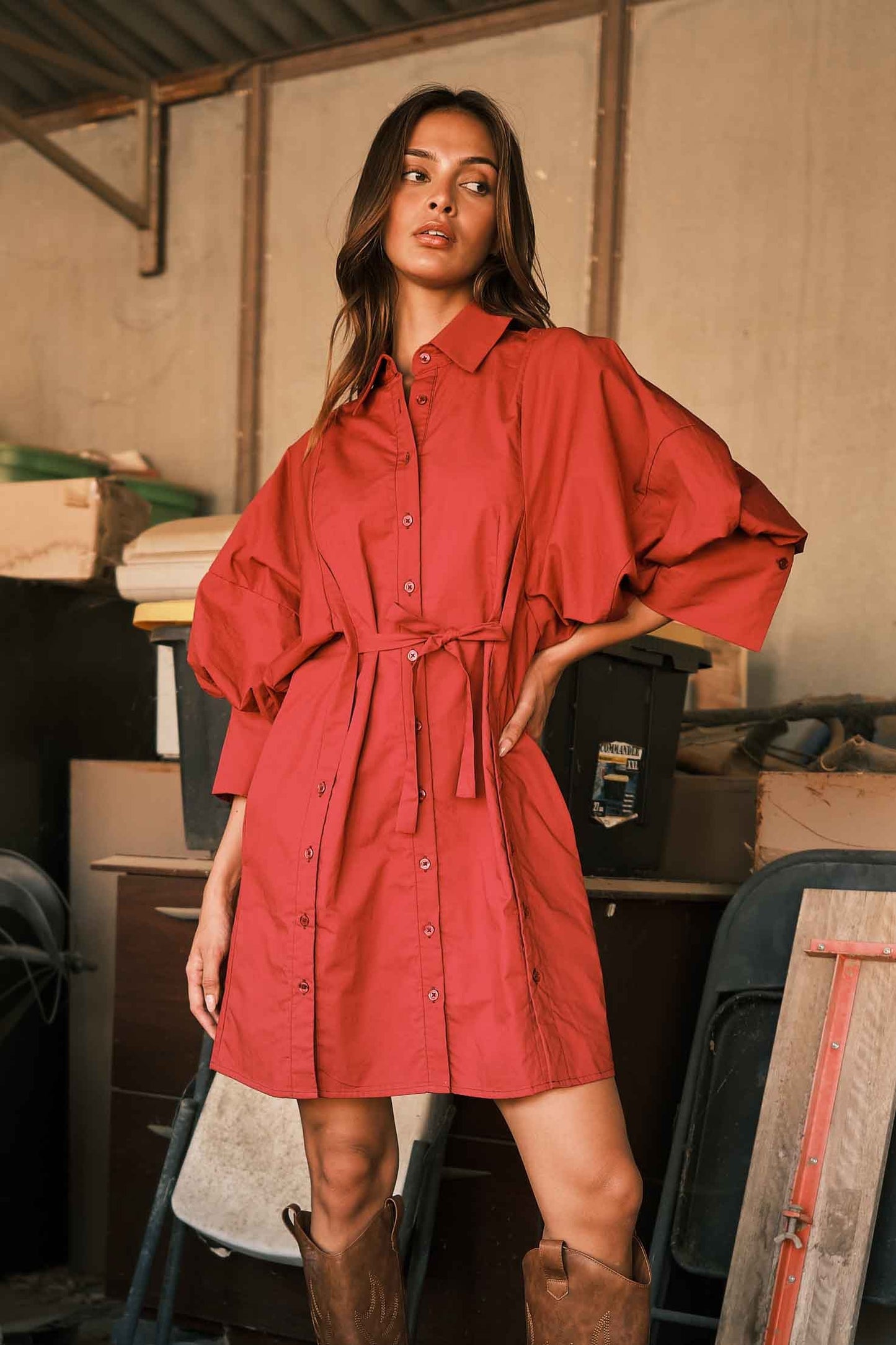 What A Trend Puff Sleeve Shirt Dress