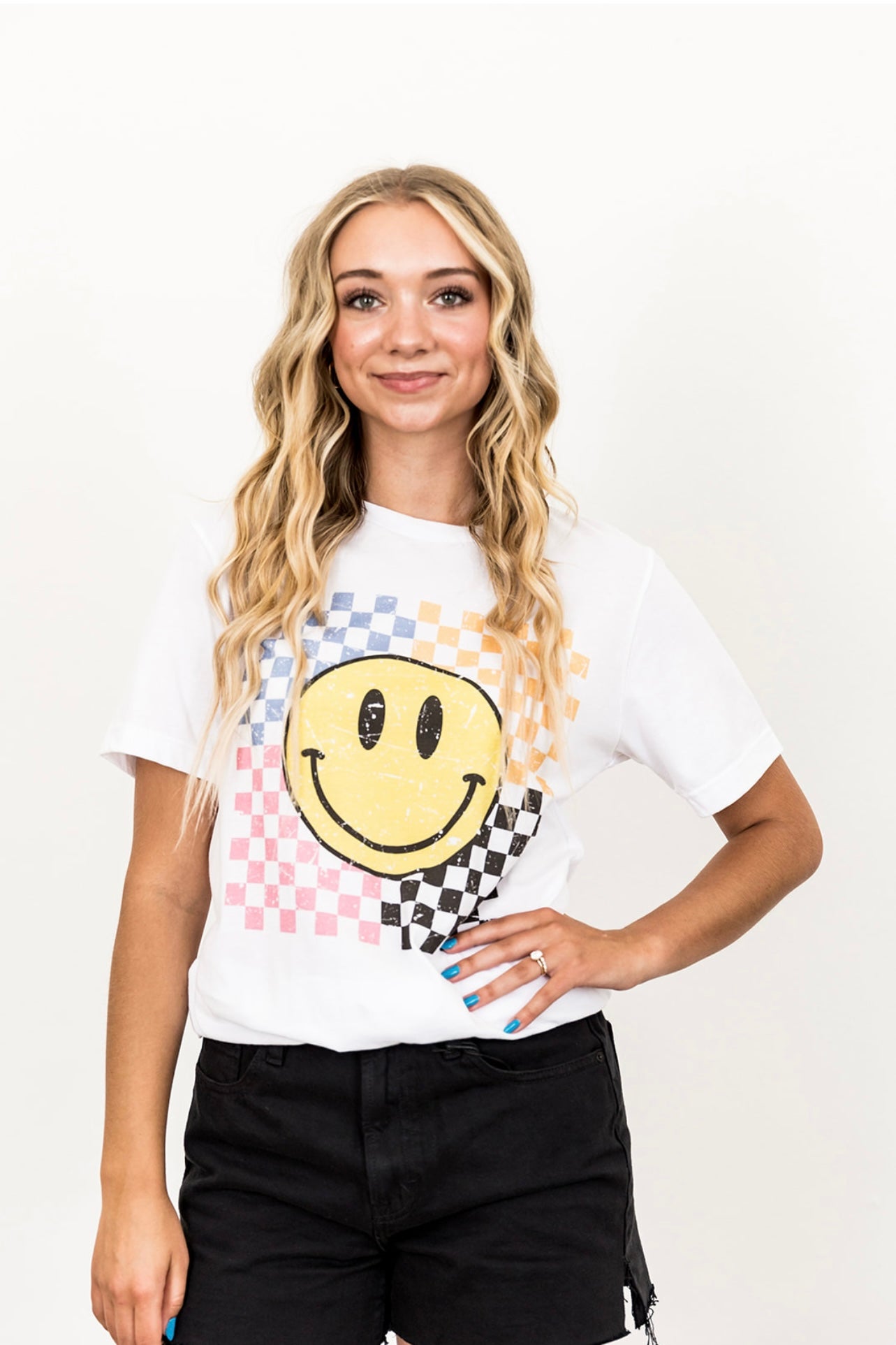 Retro Smiley Checkered Graphic Tee