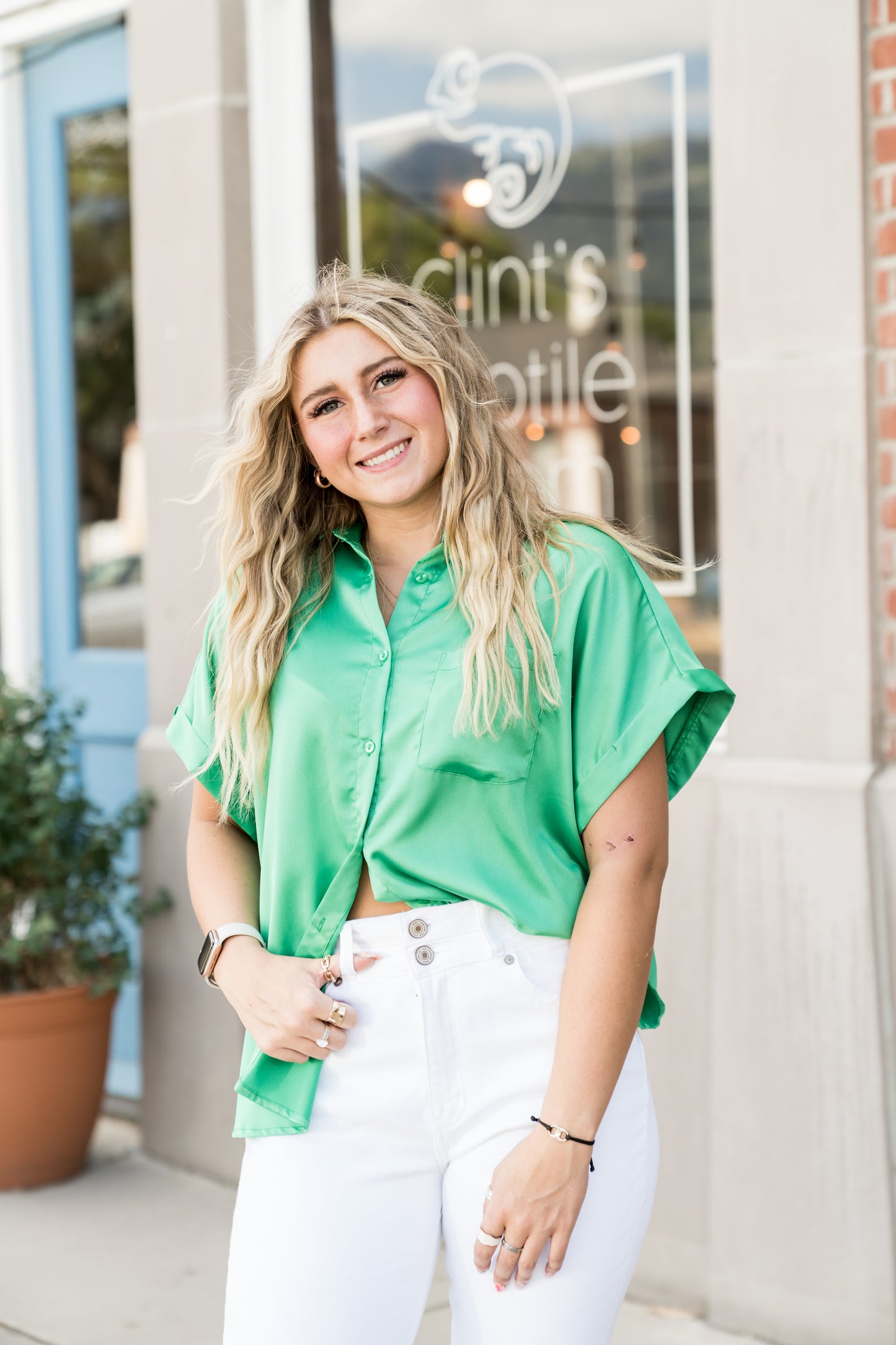 Good Luck Charm Short Sleeve Button-Up Top