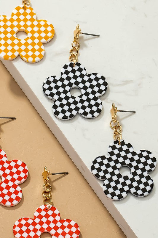 Checkered Flower Drop Earrings