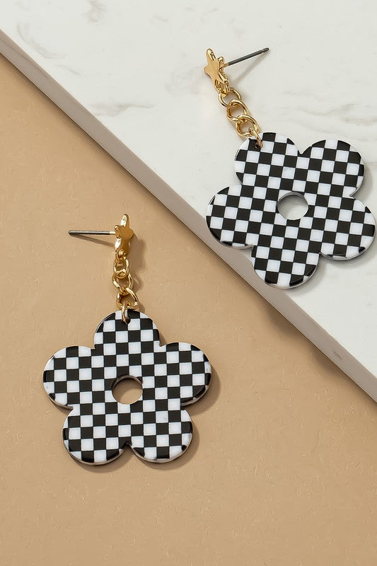 Checkered Flower Drop Earrings