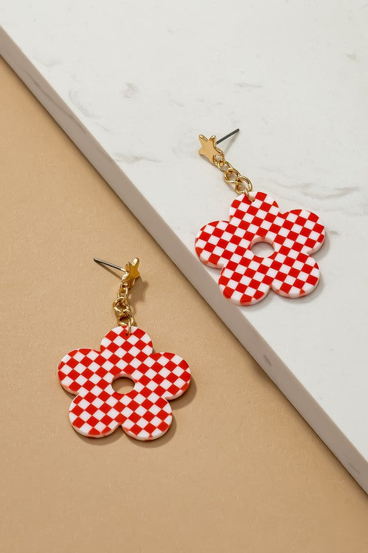 Checkered Flower Drop Earrings