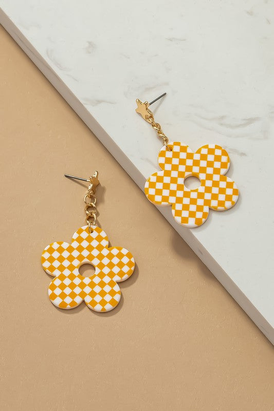 Checkered Flower Drop Earrings