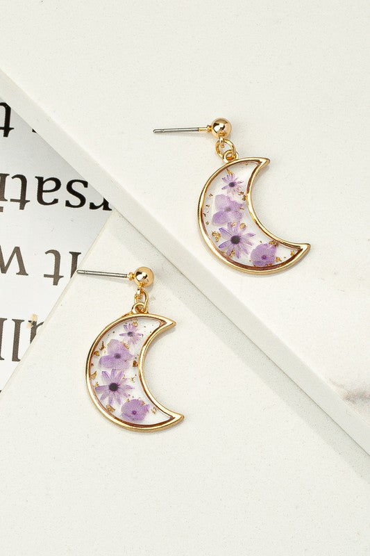 MOON SHAPED DRIED FLOWER DROP EARRINGS