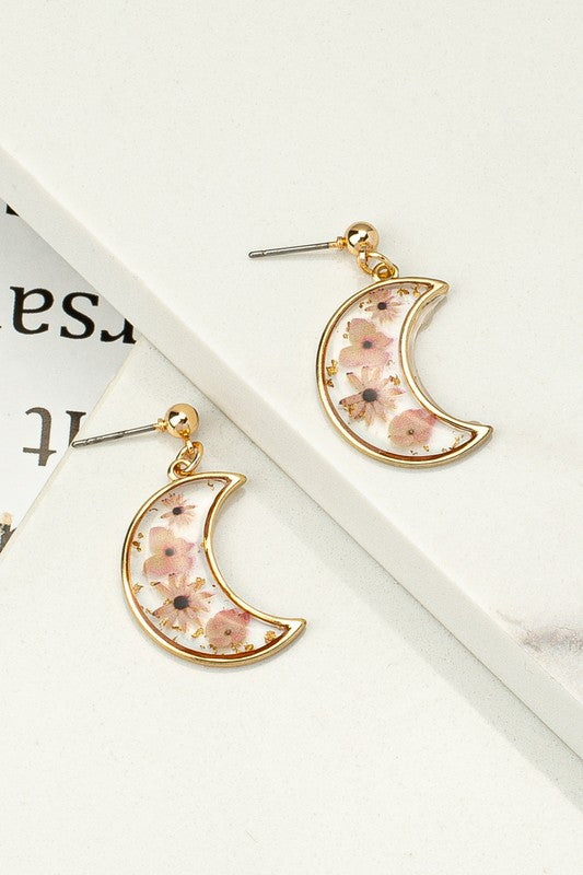 MOON SHAPED DRIED FLOWER DROP EARRINGS