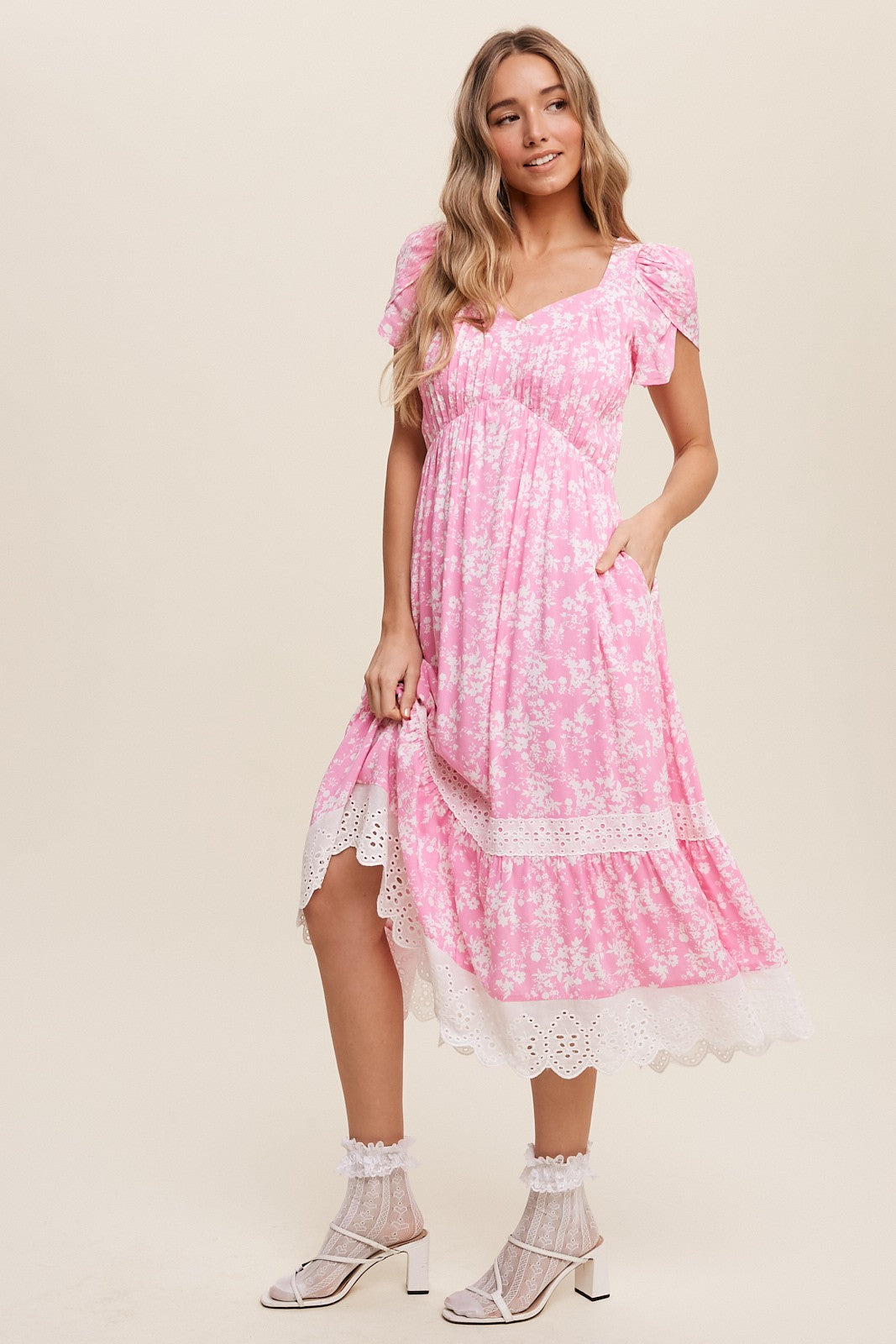 Little Details Flower Lace Trim Midi Dress