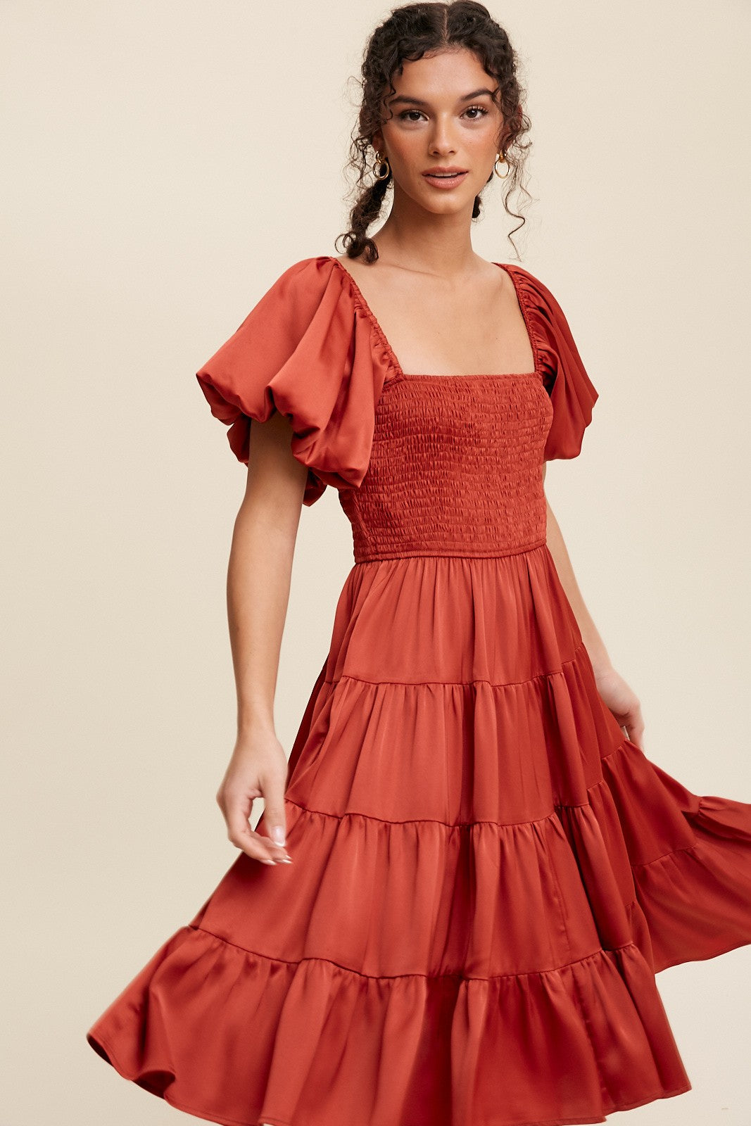 Audrey Puff Sleeve Tiered Midi Dress