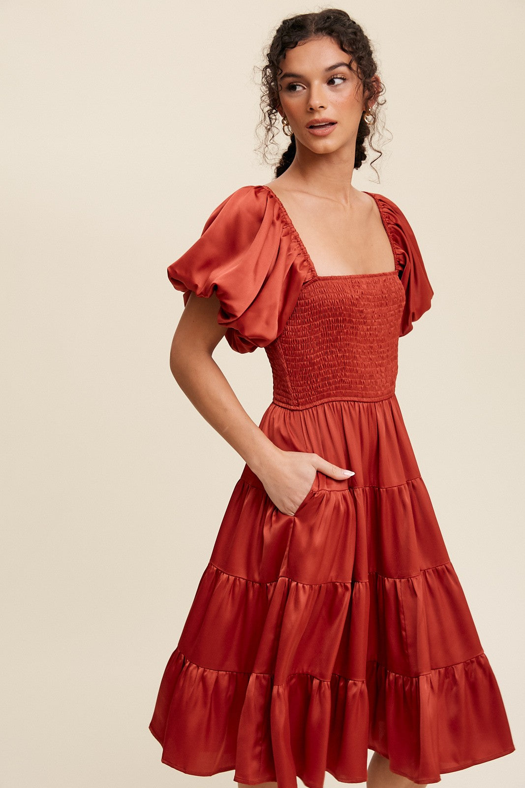 Audrey Puff Sleeve Tiered Midi Dress