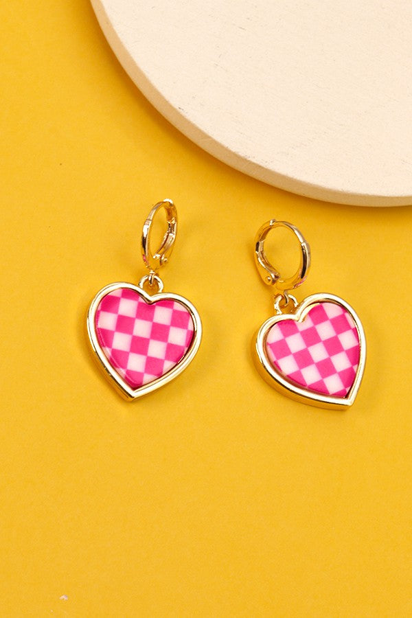 Checkered Heart Huggie Drop Earrings