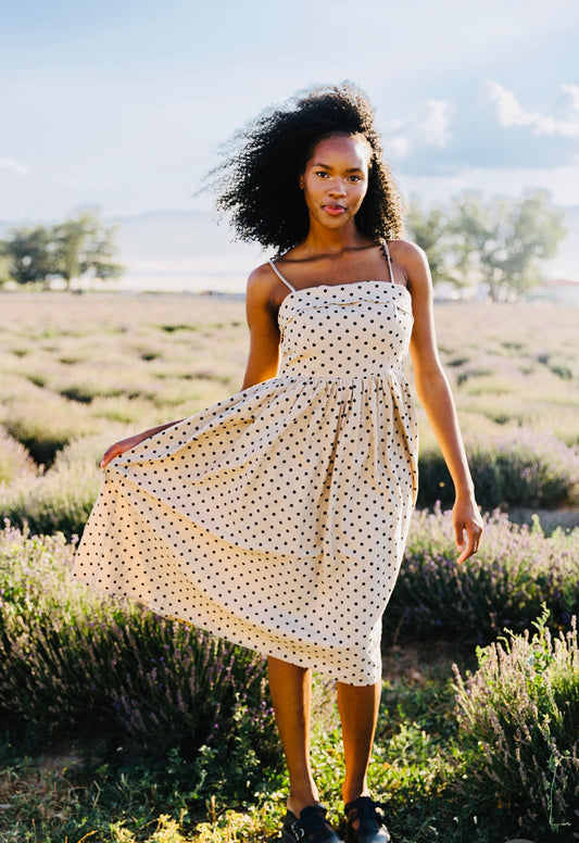 Wren Polka Dot Scalloped Midi Dress