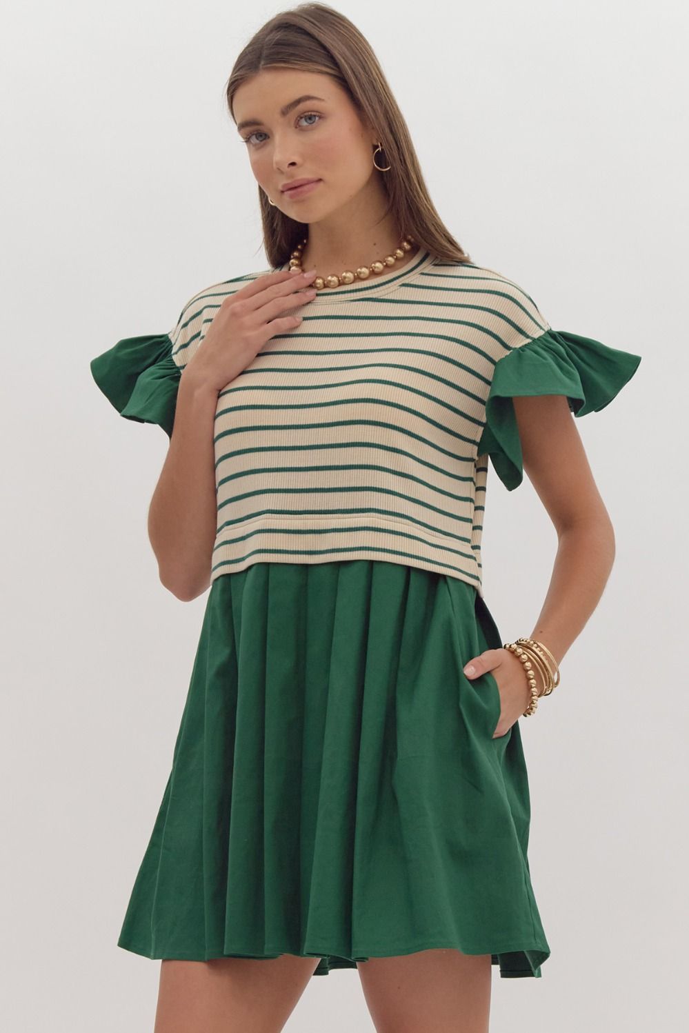 Giselle Striped Ruffle Sleeve Pleated Mini Dress