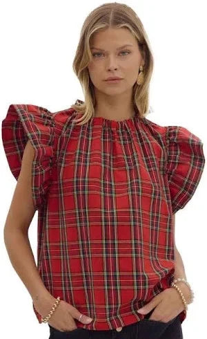 Merry Plaid Ruffle Sleeve Top