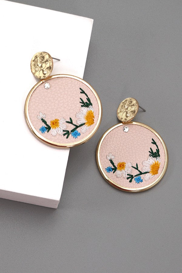 Embroidered Faux Leather Drop Earrings