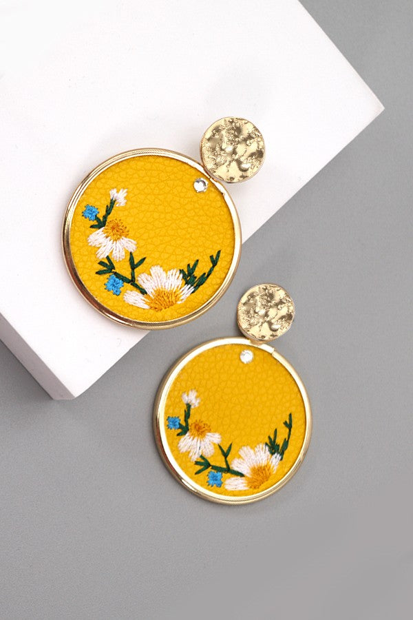 Embroidered Faux Leather Drop Earrings