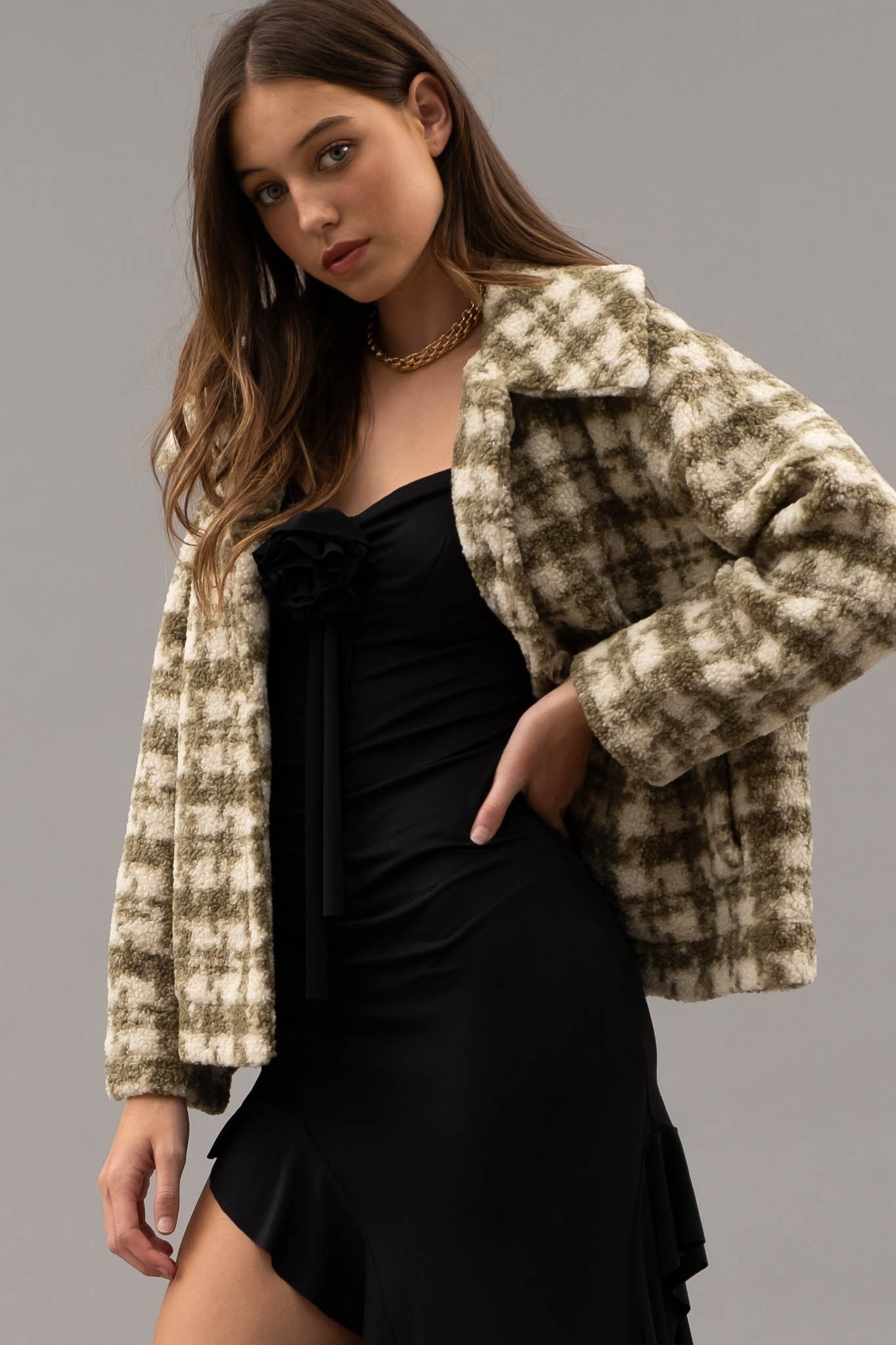 Uptown Charm Houndstooth Button Up Jacket